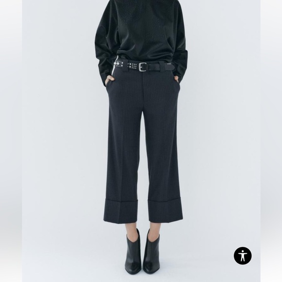 ZARA pants Striped Large Womens Trouser Navy Hi Waist ZW Collection 4042/259 New - Picture 2 of 16